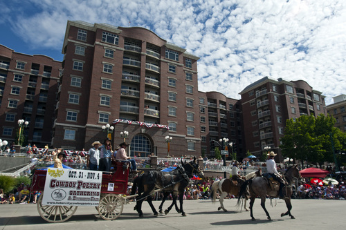Chris Detrick  |  The Salt Lake Tribune
The Heber City Cowboy Poetry wagon in the 163rd annual Days of '47 KSL 5 Parade Tuesday July 24, 2012.