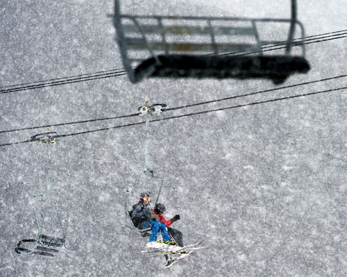 Steve Griffin  |  The Salt Lake Tribune


Snow falls in giant flakes as skiers and boarders enjoy the last few runs of the day at Park City Mountain Resort in Park City, Utah Tuesday, March 11, 2014.