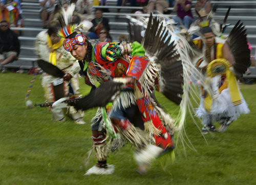 Scott Sommerdorf   |  The Salt Lake Tribune
A dancer during a young men's dance at the Heber Valley Pow-Wow at Soldier Hollow, Sunday, June 15, 2014.