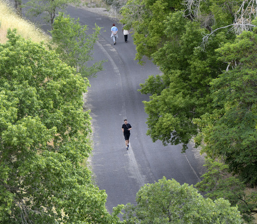Al Hartmann  |  The Salt Lake Tribune 
People take excercise Monday June 17 in City Creek Canyon.  Get set for some cooler weather starting tomorrow.