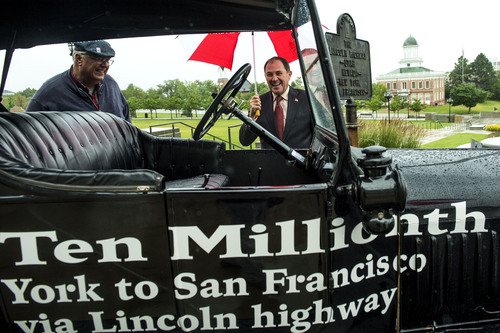 Chris Detrick  |  The Salt Lake Tribune
Utah Governor Gary R. Herbert laughs as Hugh Coltharp demonstrates the windshield wipers on his 1924 Model T Ford outside of the State Capitol on Tuesday. Coltharp and other members of the Utah Chapter Lincoln Highway Association are also participating in the club's annual national conference in Tooele this week.