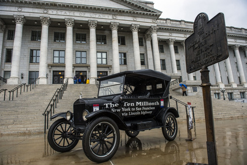 Chris Detrick  |  The Salt Lake Tribune
Hugh Coltharp's 1924 Model T Ford outside of the State Capitol on Tuesday. Coltharp and other members of the Utah Chapter Lincoln Highway Association are also participating in the club's annual national conference in Tooele this week.