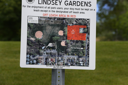 Scott Sommerdorf   |  The Salt Lake Tribune
Signs posted along the edges of Lindsey Park clearly identify which areas are designated for off-leash dogs, Sunday, June 15, 2014. Salt Lake County Animal Services, which enforces Salt Lake City ordinances regarding animals, is stepping up issuing citations to dog owners who let their pets off leash in parks that are not designated as such.
Lindsey Gardens is one place where this regularly occurs.