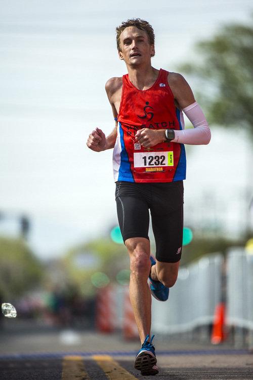 Chris Detrick  |  The Salt Lake Tribune
Fritz Van De Kamp, of Salt Lake City, runs to the finish line of the Salt Lake City marathon Saturday April 19, 2014. Van De Kamp won the marathon with a time of 2:28:18.