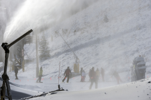 Chris Detrick  |  The Salt Lake Tribune
Skiers and snowboarders at Park City Mountain Resort in November 2013. The resort, along with other Summit County businesses, wants to obtain power from wind, sun and other renewable sources that don't emit greenhouse gases.