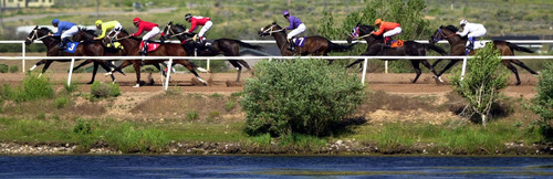 Jeremy Harmon  |  Tribune file photo
Mia Ta Fame (3), ridden by Kelly Wahlen, leads the group early in the 10th race at the Wyoming Downs in Evanston, Wyoming, Sunday, July 13, 2003.