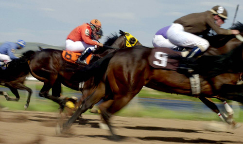 Jeremy Harmon  |  Tribune file photo
Zeviski Leinster (6), ridden by Chad Giles, and Dash Fame Dash (9), ridden by Bret Anderson, race for the finish line duing the tenth race at Wyoming Downs in Evanston, Wyoming, Sunday, July 13, 2003.