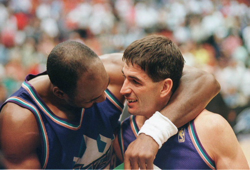 (Tribune file photo)

Karl Malone and John Stockton share a moment on the court in this 1997 photo.