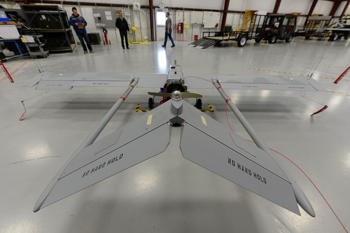 Francisco Kjolseth  |  The Salt Lake Tribune
In this 2014 photo, a RQ-7 Shadow sits in a hangar at the Dugway Proving Ground. The Shadow is a reconnaissance aircraft. A catapult launches it.