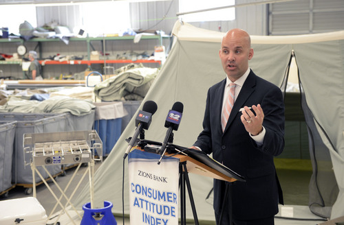 Al Hartmann  |  The Salt Lake Tribune I
Aaron Andersen, Director of Cicero Group releases Zions Bank monthly consumer attitudes index Tuesday at Kirkham's Outdoor Products tent sewing facility in Salt Lake City Tuesday June 24.
