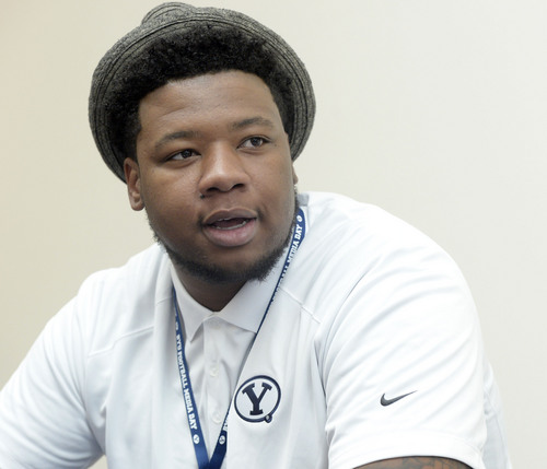 Al Hartmann  |  The Salt Lake Tribune 
BYU senior, offensive lineman De'ondre Wesley has interview session with reporters at BYU Football Media Day Monday June 23.