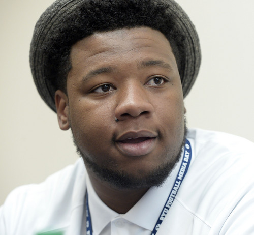 Al Hartmann  |  The Salt Lake Tribune 
BYU senior, offensive lineman De'ondre Wesley has interview session with reporters at BYU Football Media Day Monday June 23.