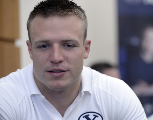 Al Hartmann  |  The Salt Lake Tribune 
BYU quarterback Taysom Hill has interview session with reporters at BYU Football Media Day Monday June 23.