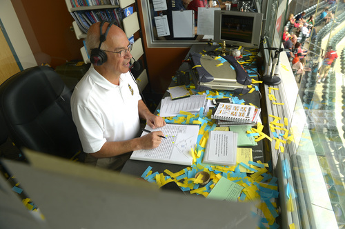 Leah Hogsten  |  The Salt Lake Tribune
Salt Lake Bees announcer Steve Klauke celebrates his 3,000th game, Tuesday, June 24, 2014, calling the Bee's game for SLC's Pacfic Coast League franchise. Klauke has the distinction of calling the most games a broadcaster has ever called for a single sports team in Utah history.