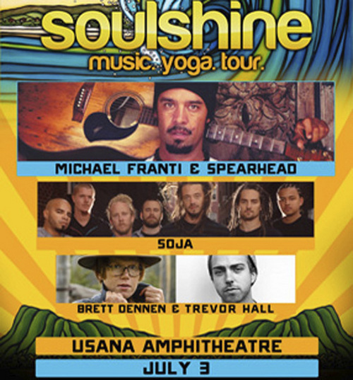 USANA Amphitheatre will present The Soulshine Tour featuring Michael Franti & Spearhead, SOJA, Brett Dennen, and Trevor Hall on Tuesday, July 3rd, 2014. Visit smithstix.com for more information. Courtesy of the Soulshine Tour