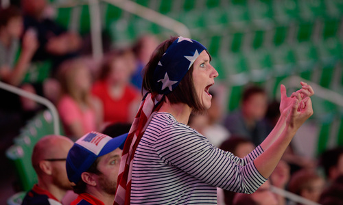 Francisco Kjolseth  |  The Salt Lake Tribune
Kristen Clifford cheers on team screams at the screen during a missed opportunity as an estimated 4000 fans crowd into Energy Solutions Arena for some World Cup action on the 42 by 24 feet long twin high definition screens to cheer on team U.S.A. against Germany on Thursday, June 26, 2014.