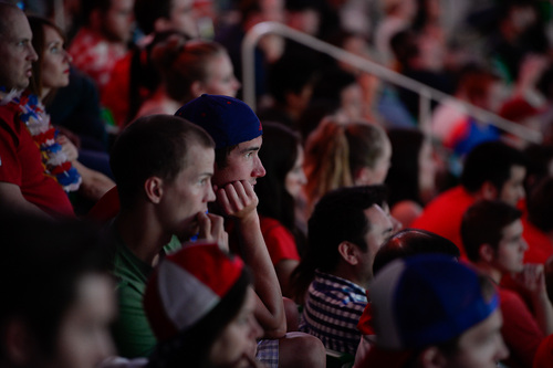Francisco Kjolseth  |  The Salt Lake Tribune
An estimated 4000 fans crowd into Energy Solutions Arena for some World Cup action on the 42 by 24 feet long twin high definition screens to cheer on team U.S.A. against Germany on Thursday, June 26, 2014.