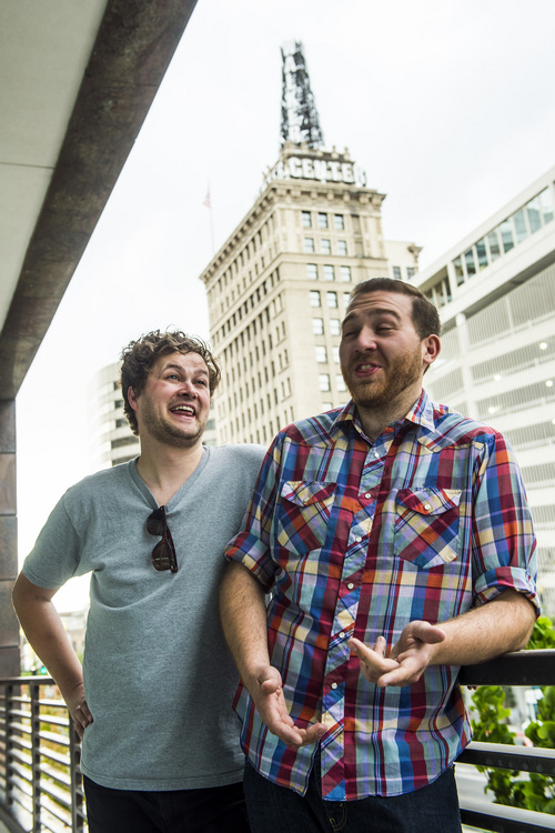 Chris Detrick  |  The Salt Lake Tribune
Comedian duo Ryen Schlegel, right, and Ryan Holyoak pose for a portrait at the Gallivan Center in Salt Lake City on Thursday June 12, 2014. Known as Holy Schleg, they will host the Conspicuous Above-the-Belt Soiree at the Gallivan on Friday, June 27. The evening will feature local stand-up comedians and screenings of Holy Schleg comedy videos filmed throughout the past year.
