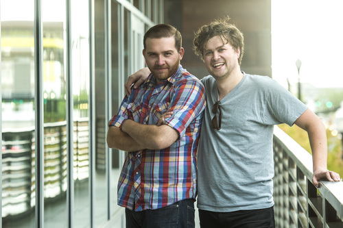 Chris Detrick  |  The Salt Lake Tribune
Comedian duo Ryen Schlegel, left, and Ryan Holyoak pose for a portrait at the Gallivan Center in Salt Lake City on Thursday June 12, 2014. Known as Holy Schleg, they will host the Conspicuous Above-the-Belt Soiree at the Gallivan on Friday, June 27. The evening will feature local stand-up comedians and screenings of Holy Schleg comedy videos filmed throughout the past year.