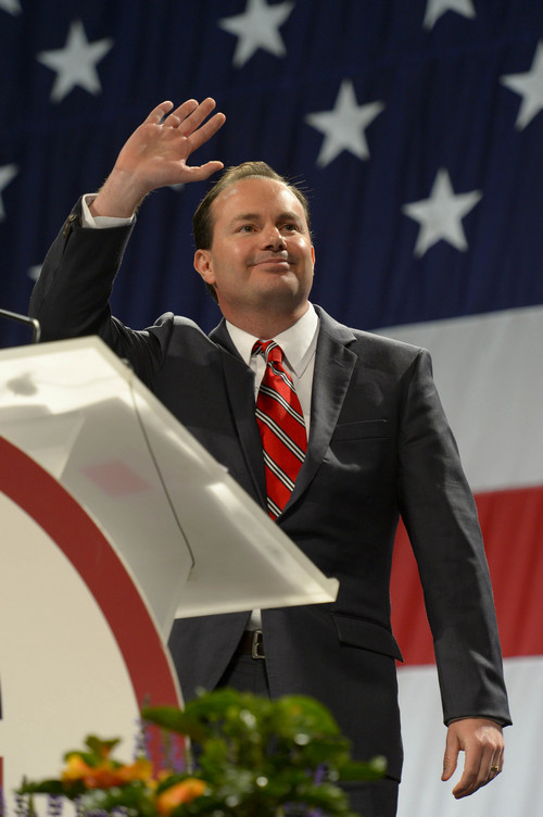 Leah Hogsten  |  The Salt Lake Tribune
U.S. Senator Mike Lee received a roaring welcome at the Utah Republican Party 2014 Nominating Convention at the South Towne Expo Center, Saturday, April 26, 2014.