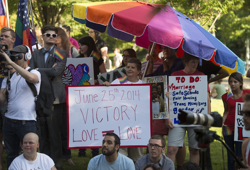 Steve Griffin  |  The Salt Lake Tribune


Supporters join Utah Unites for Marriage at City Creek Park in Salt Lake City, Utah Wednesday, June 25, 2014, to celebrate the historic decision in Kitchen v. Herbert and stepping-stone toward the freedom to marry.