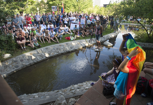 Steve Griffin  |  The Salt Lake Tribune


Supporters join Utah Unites for Marriage at City Creek Park in Salt Lake City, Utah Wednesday, June 25, 2014, to celebrate the historic decision in Kitchen v. Herbert and stepping-stone toward the freedom to marry.