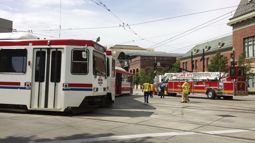 Michael McFall  |  The Salt Lake Tribune
Utah Transit Authority is investigating why one car in a blue line train switched directions at 400 W. North Temple on Thursday morning.
