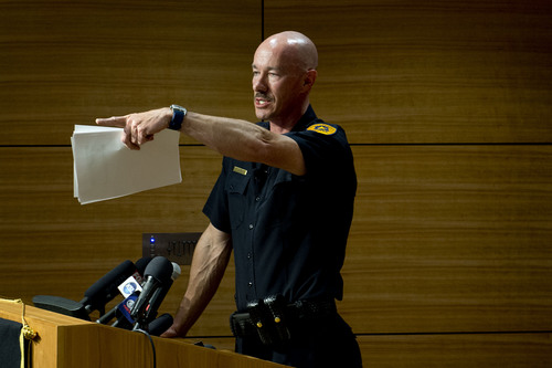 Jeremy Harmon  |  The Salt Lake Tribune

Salt Lake City Police Chief Chris Burbank answers questions during a press conference about the June 18th incident where Officer Brett Olsen shot and killed Sean Kendall's dog, Geist.