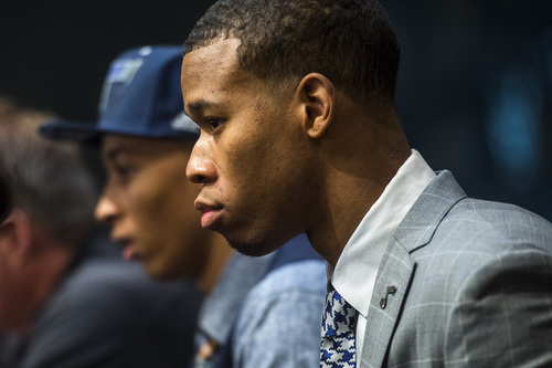 Chris Detrick  |  The Salt Lake Tribune
Utah Jazz's Rodney Hood listens during a press conference at the Zions Bank Basketball Center Friday June 27, 2014.