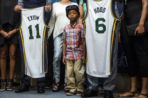 Chris Detrick  |  The Salt Lake Tribune
Utah Jazz's Rodney Hood's nephew Ricky Hood III, 5, poses for a group picture during a press conference at the Zions Bank Basketball Center Friday June 27, 2014.
