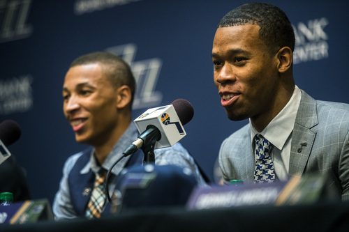Chris Detrick  |  The Salt Lake Tribune
Utah Jazz's Dante Exum and Rodney Hood during a press conference at the Zions Bank Basketball Center Friday June 27, 2014.