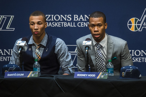 Chris Detrick  |  The Salt Lake Tribune
Utah Jazz's Dante Exum and Rodney Hood during a press conference at the Zions Bank Basketball Center Friday June 27, 2014.