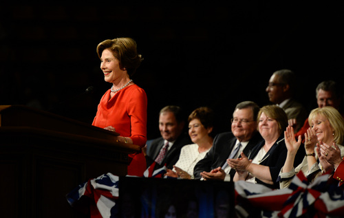 Francisco Kjolseth  |  The Salt Lake Tribune
Former First Lady Laura Bush gives the keynote address at the Provo Freedom Festival's Patriotic Service at the Marriott Center on the BYU campus on Sunday, June 29, 2014.