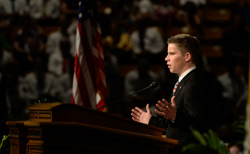Francisco Kjolseth  |  The Salt Lake Tribune
Festival youth speech contest winner Jeremiah Edwards takes to the podium during the Provo Freedom Festival's Patriotic Service at the Marriott Center on the BYU campus on Sunday, June 29, 2014.