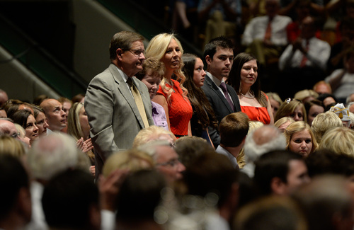 Francisco Kjolseth  |  The Salt Lake Tribune
The family of Utah County Sgt. Cory Wride, who was killed in January is honored during the Provo Freedom Festival's Patriotic Service at the Marriott Center on the BYU campus on Sunday, June 29, 2014.