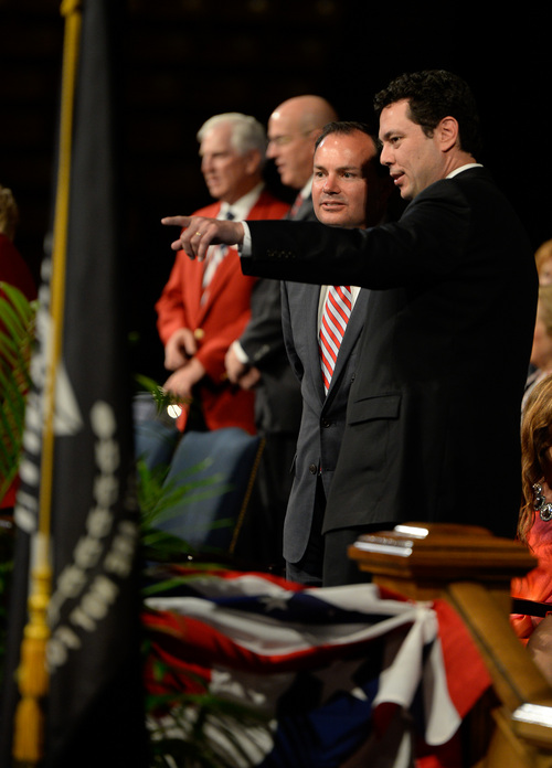 Francisco Kjolseth  |  The Salt Lake Tribune
Senator Mike Lee and Congressman Jason Chaffetz attend the Provo Freedom Festival's Patriotic Service at the Marriott Center on the BYU campus on Sunday, June 29, 2014, where former first lady Laura Bush was the keynote speaker.