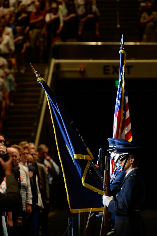 Francisco Kjolseth  |  The Salt Lake Tribune
People say the the pledge of allegiance prior to former First Lady Laura Bush giving the keynote address at the Provo Freedom Festival's Patriotic Service at the Marriott Center on the BYU campus on Sunday, June 29, 2014.
