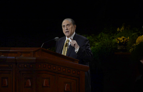 Scott Sommerdorf   |  The Salt Lake Tribune
President Thomas S. Monson speaks at the end of the morning session of the 184th General Conference of the Church of Jesus Christ of Latter Day Saints, Sunday, April 6, 2014. On Saturday, the church's top leaders issued a rare joint statement reaffirming that priesthod offices are reserved for men.