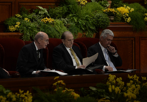 Scott Sommerdorf   |  The Salt Lake Tribune
President Thomas S. Monson sits between First Counselor Henry B. Eyring, left, and Second Counselor Deiter F. Uchtdorf, right at the beginning of the morning session of the 184th General Conference of the Church of Jesus Christ of Latter Day Saints, Sunday, April 6, 2014. On Saturday, June 28, 2014,  the church's top leaders issued a rare joint statement reaffirming that priesthod offices are reserved for men.