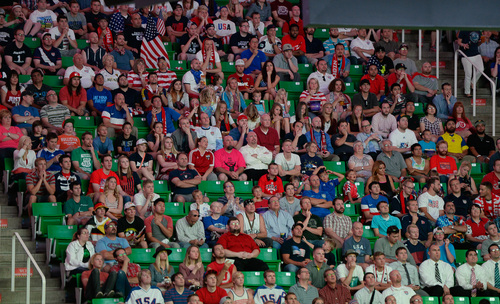 Francisco Kjolseth  |  The Salt Lake Tribune
Where's Waldo? An estimated 4000 fans crowd into Energy Solutions Arena for some World Cup action on the 42 by 24 feet long twin high definition screens to cheer on team U.S.A. against Germany on Thursday, June 26, 2014.