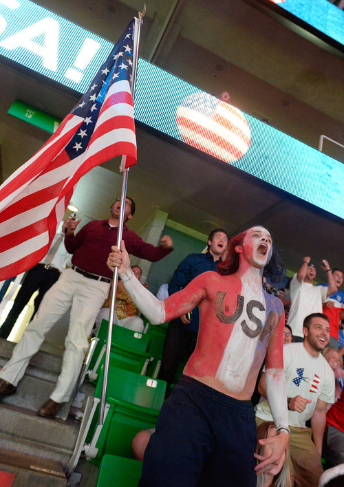 Francisco Kjolseth  |  The Salt Lake Tribune
Michael Luebke shows his support for team U.S.A as an estimated 4000 fans crowd into Energy Solutions Arena for some World Cup action on the 42 by 24 feet long twin high definition screens to cheer on team U.S.A. against Germany on Thursday, June 26, 2014.