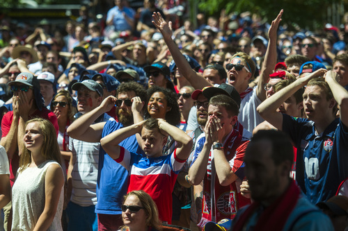Chris Detrick  |  The Salt Lake Tribune
Team USA fans react while watching the U.S-Belgium game during a World Cup Watch Party at the Gallivan Center Tuesday July 1, 2014.
