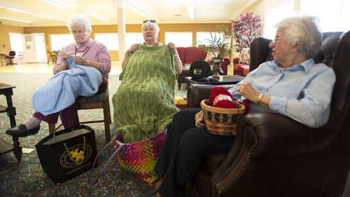Steve Griffin  |  The Salt Lake Tribune


Raili Garrett, Mary Alice Larsen and Alice Young enjoy their knitting time every Thursday at  Highland Cove in Salt Lake City, Utah Thursday, July 3, 2014. The population of seniors in Utah (and nation) is soaring even as nursing home residency declines. Among reasons for the seemingly contradictory trend is the increasing number of alternatives for seniors -- including independent living and assisted living centers.

I