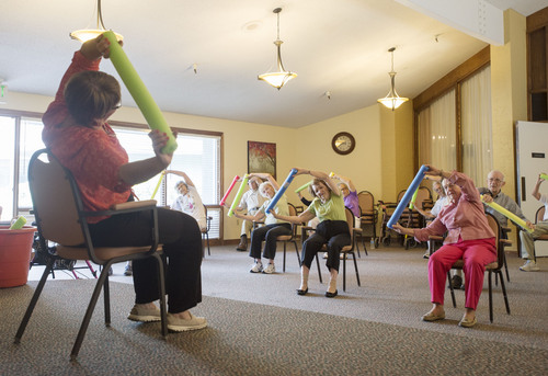 Steve Griffin  |  The Salt Lake Tribune


Debra Leneave leads a stretch class with residents at  Highland Cove in Salt Lake City, Utah Thursday, July 3, 2014. The population of seniors in Utah (and nation) is soaring even as nursing home residency declines. Among reasons for the seemingly contradictory trend is the increasing number of alternatives for seniors -- including independent living and assisted living centers.

I
