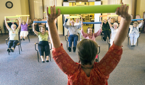 Steve Griffin  |  The Salt Lake Tribune


Debra Leneave leads a stretch class with residents at  Highland Cove in Salt Lake City, Utah Thursday, July 3, 2014. The population of seniors in Utah (and nation) is soaring even as nursing home residency declines. Among reasons for the seemingly contradictory trend is the increasing number of alternatives for seniors -- including independent living and assisted living centers.

I