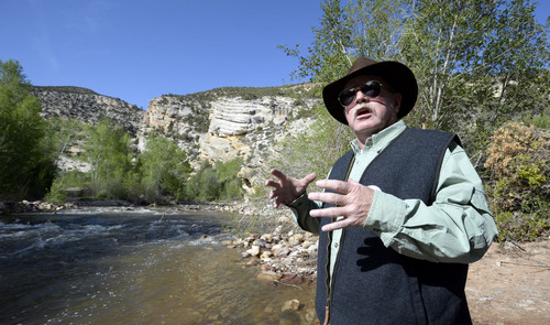 Al Hartann  |  The Salt Lake Tribune
Wayne Stevens, a Utah Senate candidate from Vernal is leading the campaign to block a phosphate mine proposed on SITLA land at Ashley Springs just above the Ashley Valley Water and Sewer plant.  The springs are the Vernal's sole source of drinking water.  The proposed mine lease would be at the top of the sandstone hills above and behind the canyon.