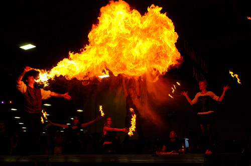 Trent Nelson  |  The Salt Lake Tribune
Moki breathes fire while performing with Voodoo Productions at FantasyCon, held at the Salt Palace Convention Center in Salt Lake City on Saturday.