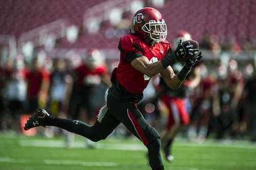 Chris Detrick  |  The Salt Lake Tribune
Utah Utes wide receiver Dres Anderson (6) makes a touchdown catch during a scrimmage at Rice-Eccles Stadium DOW} April 12, 2014. Anderson has been named to the watchlist for the 2014 Maxwell Award, which is an annual recognition of college football's best player.