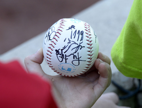 Al Hartmann  |  The Salt Lake Tribune 
Super fan hold autographed baseball by members of the Bees at Bee's baseball game vs. Tacoma Monday July 7.