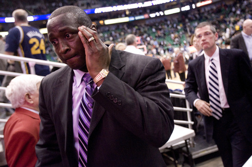 Jeremy Harmon  |  The Salt Lake Tribune

Utah Jazz head coach Tyrone Corbin leaves the court after losing his first game at the helm of the Jazz on Friday, February 11, 2011.